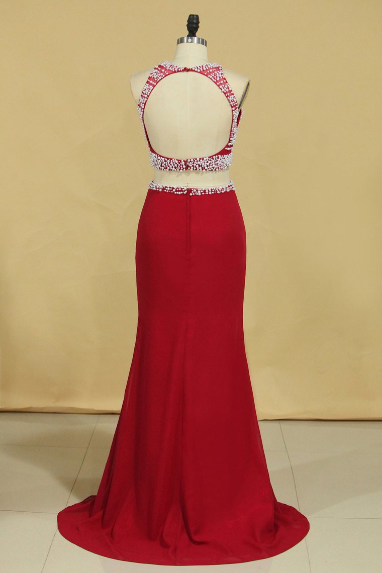 Red Two Pieces Column Scoop Prom Dresses Burgundy Chiffon & Tulle With Beads And Pearls