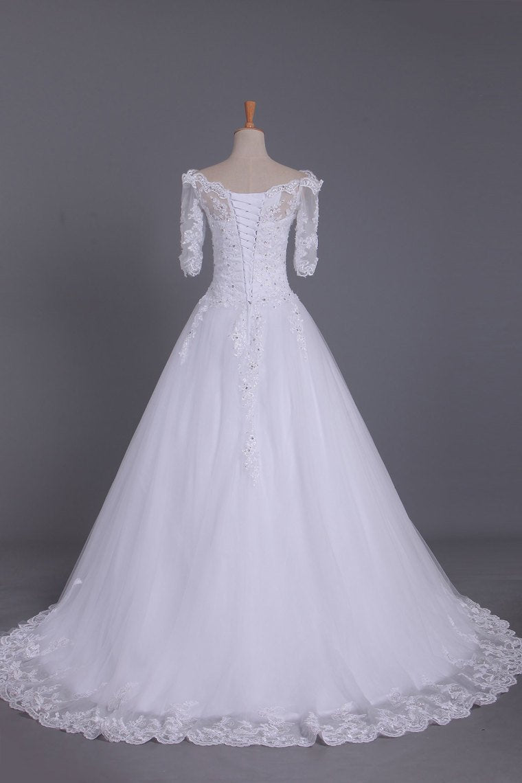 Mid-Length Sleeves Boat Neck Wedding Dresses A Line Tulle With Applique And Beads