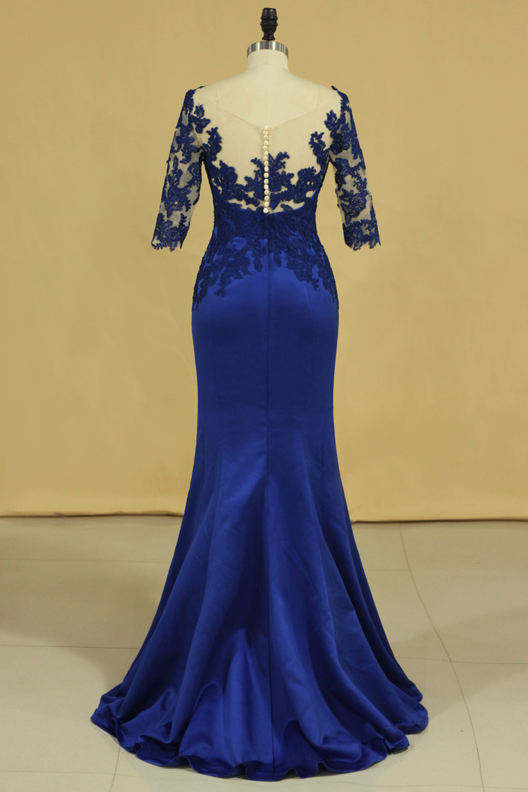 Bateau Dark Royal Blue Mother Of The Bride Dresses 3/4 Length Sleeve With Applique Satin Dark Royal Blue