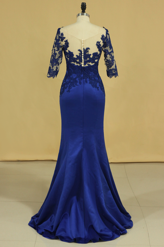 Bateau Dark Royal Blue Mother Of The Bride Dresses 3/4 Length Sleeve With Applique Satin Dark Royal Blue