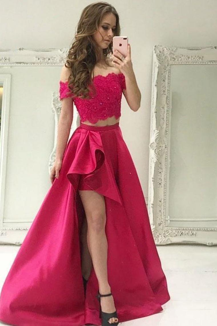 Pretty Two Pieces Ivroy Long Off The Shoulder Prom Dresses With Pockets