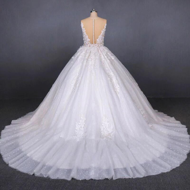 Princess Ball Gown Sheer Neck White Wedding Dresses Lace Appliqued Bridal Dresses SJS15293