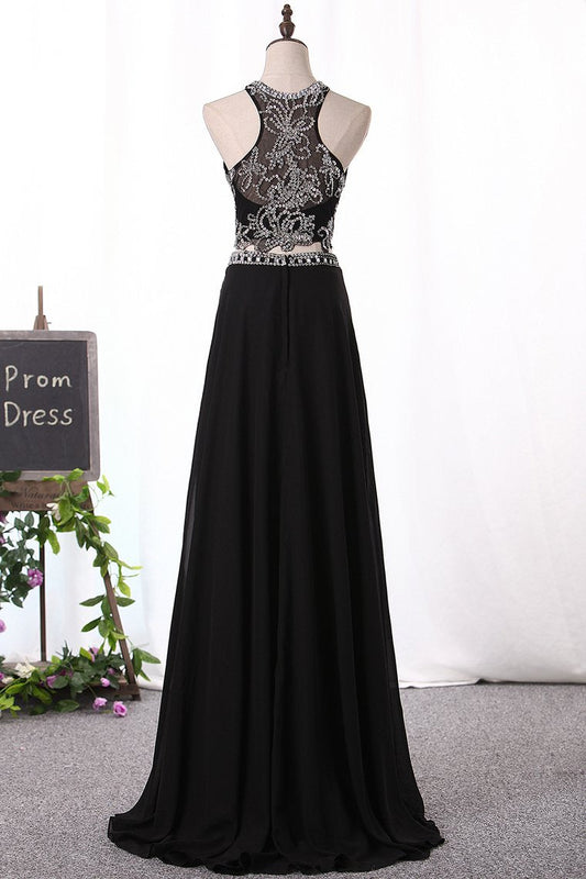 A Line Prom Dresses Scoop Beaded Bodice Chiffon Two Pieces