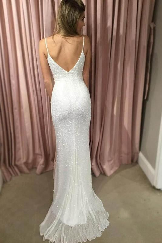 Sexy Mermaid Spaghetti Straps Sequins V Neck Prom Dresses, Wedding SRS15666