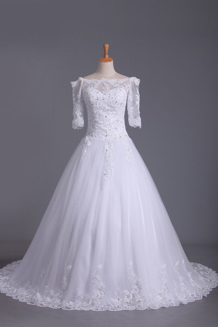 Mid-Length Sleeves Boat Neck Wedding Dresses A Line Tulle With Applique And Beads