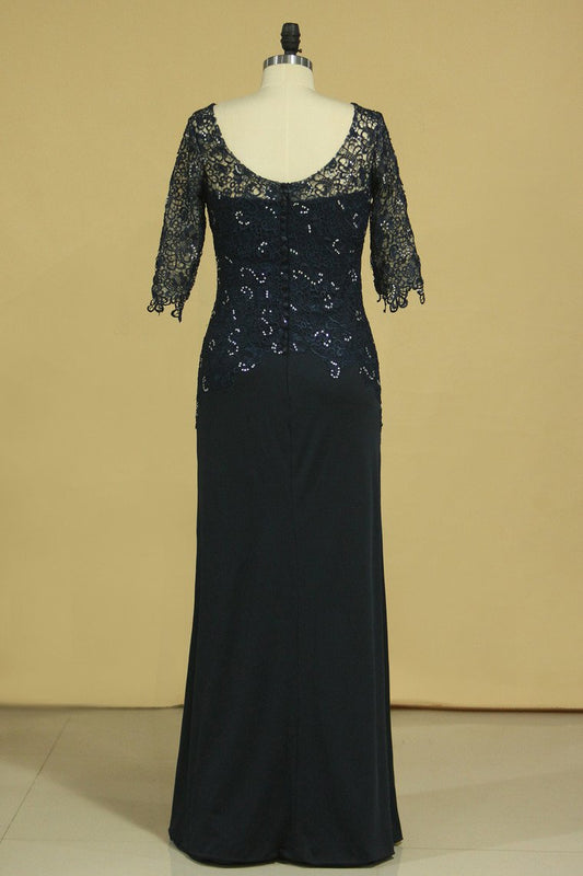 Mother Of The Bride Dresses Scoop 3/4 Length Sleeve Dark Navy Spandex & Lace With Beads