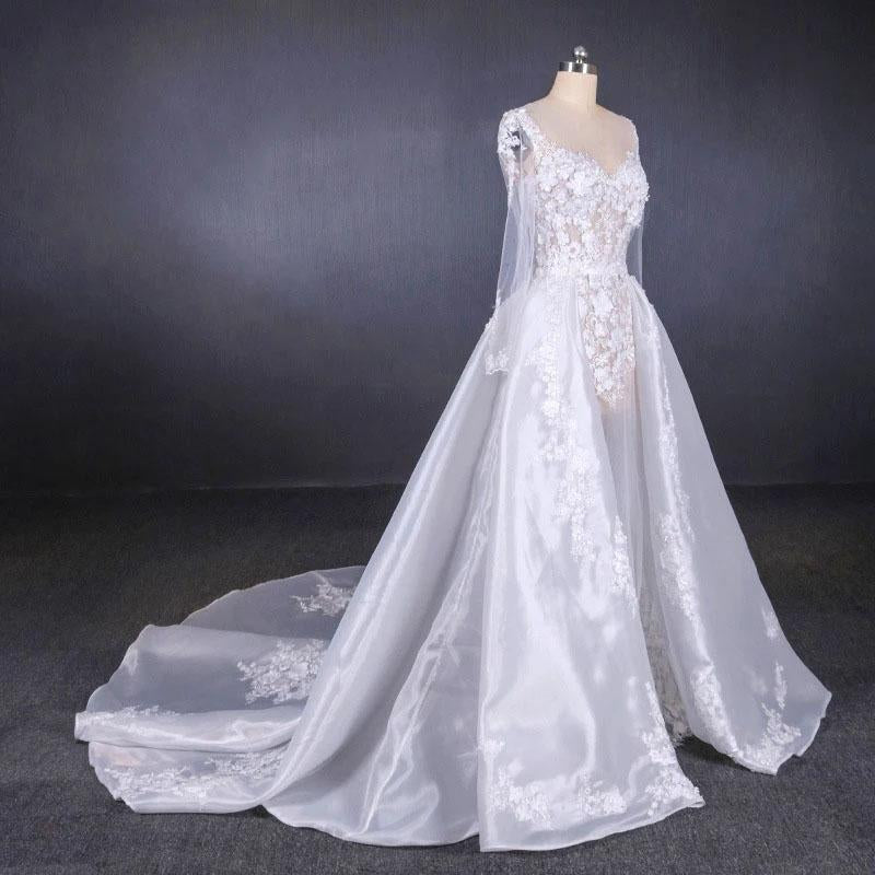 Long Sleeve Sweetheart White Bridal Dresses with Applique, Wedding Dresses SJS15250