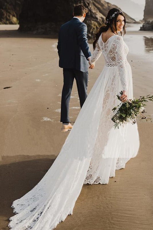 Charming A Line Long Sleeves V Neck Lace Ivory Beach Wedding Dresses, Bridal SJS20395