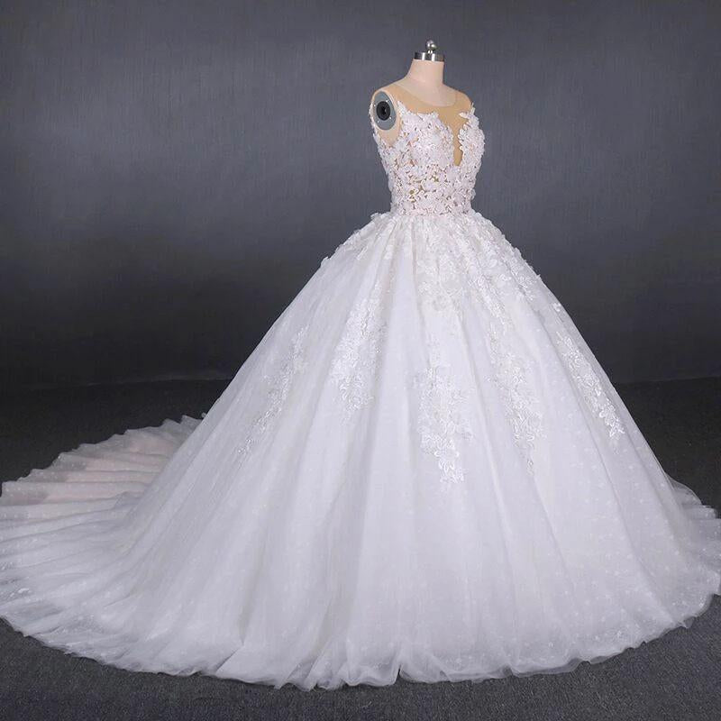 Princess Ball Gown Sheer Neck White Wedding Dresses Lace Appliqued Bridal Dresses SJS15293