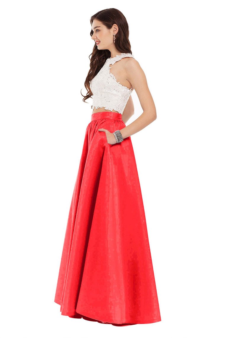 Two Pieces Prom Dresses Satin With Applique Floor Length