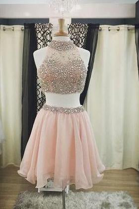 Two Pieces Halter Cute Mini Blush Pink Sexy Short Homecoming Dresses CM925