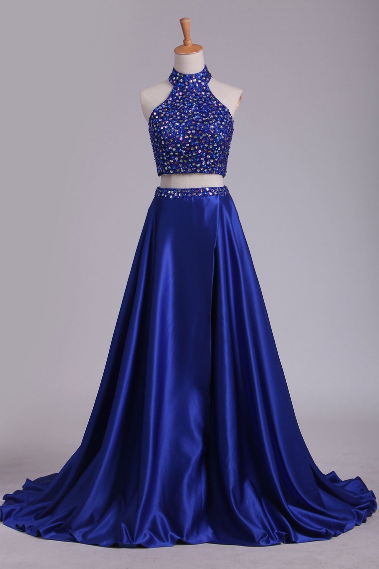 Two Pieces High Neck Prom Dresses A Line Beaded Bodice Satin Dark Royal Blue