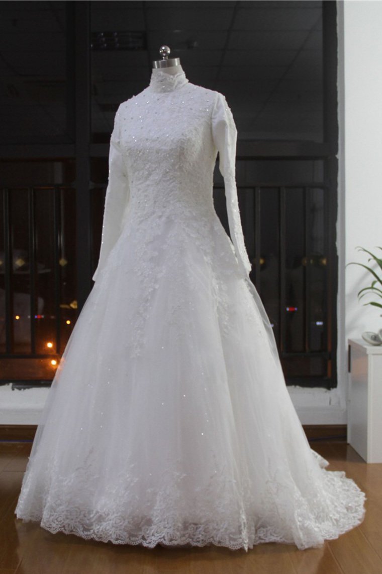 High Neck Wedding Dresses A Line Tulle Muslim With Applique