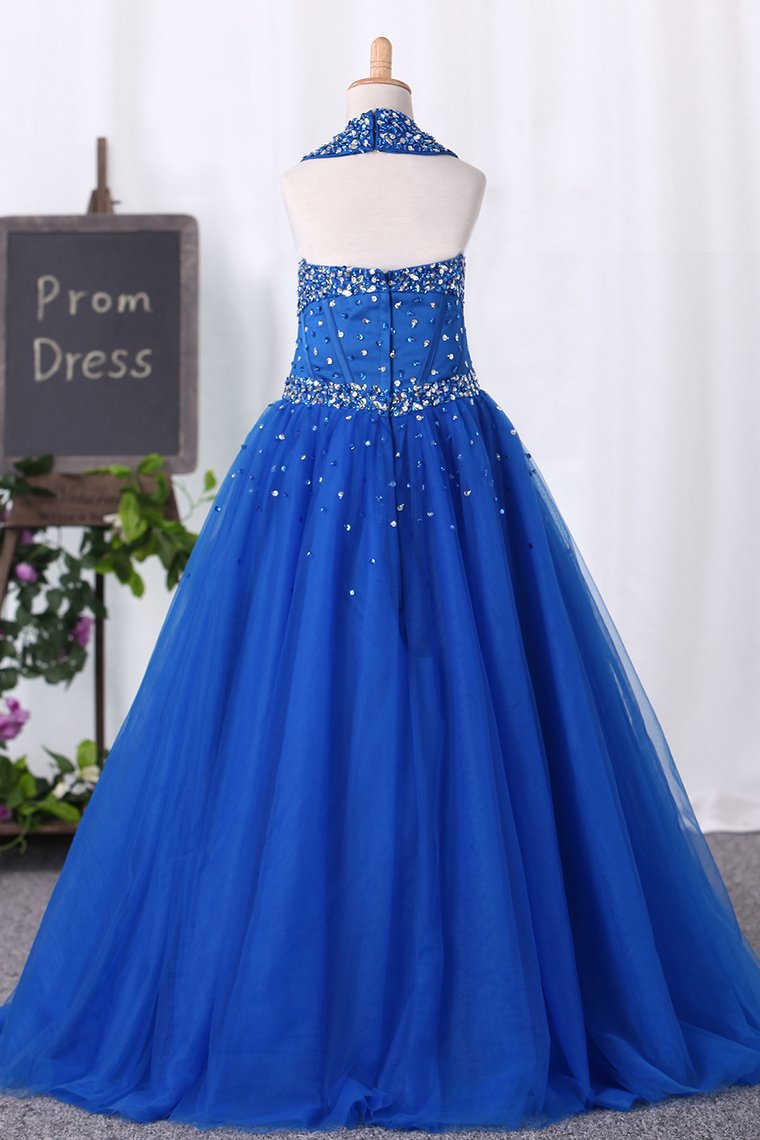 Halter Ball Gown Flower Girl Dresses Dark Royal Blue With Beading