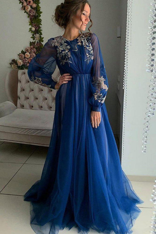 Charming A Line Long Sleeve Tulle Appliques Prom Dresses, Long Evening SRS20456