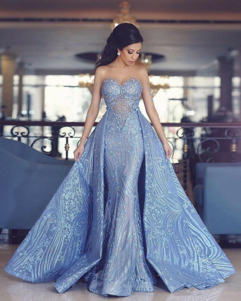 Elegant Blue Long Sleeve Mermaid Appliques Long Prom Dresses, Party Dresses SRS15161