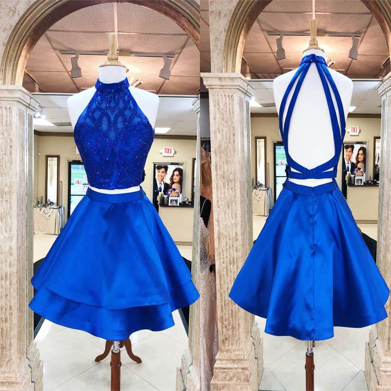 Homecoming Dresses Royal Blue Rowan Sparkly Halter Two Piece Cute CD09