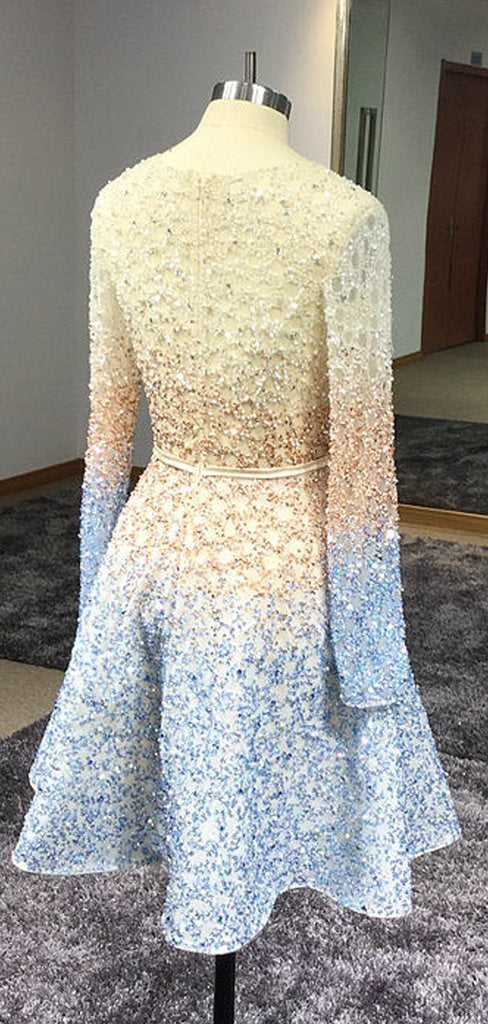 Stunning Gwen Homecoming Dresses Sparkly Beading Sequin Long Sleeve V-Neck CD1000