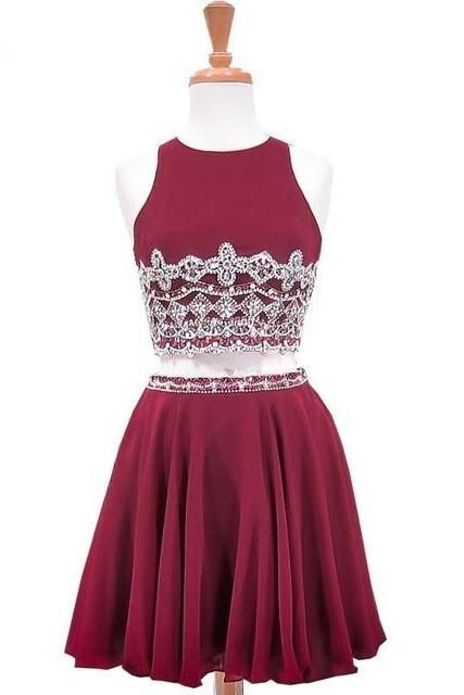 Sweet Party A-Line Scoop Neck Sleeveless Beaded Chiffon Kenya Homecoming Dresses Crystals Burgundy Two Piece Short DH10031