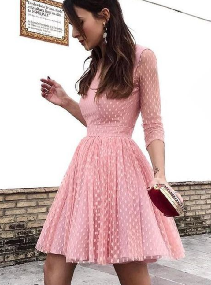 Round Neck Long Sleeves Cocktail Azul Homecoming Dresses Pink Open Back Dresses CD10083