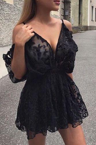 Modest Black Short Summer Dresses Unique Homecoming Dresses Lace Monique Cold Shoulder Party Dresses Simple DH10183