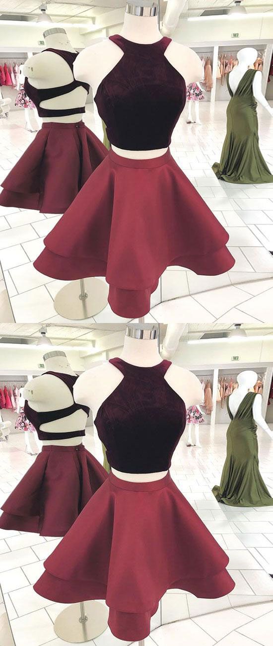 Una Homecoming Dresses Two Pieces Cute Burgundy Short Dress Burgundy CD1021