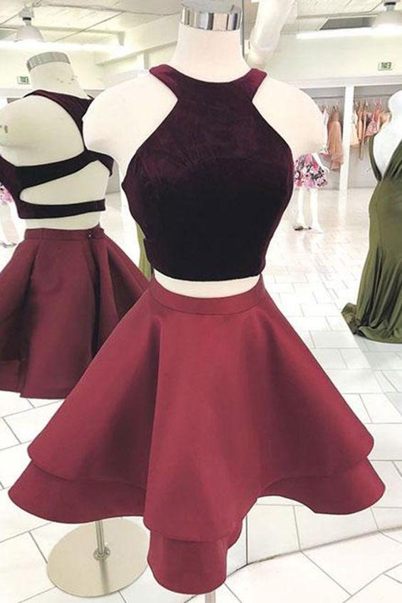 Una Homecoming Dresses Two Pieces Cute Burgundy Short Dress Burgundy CD1021