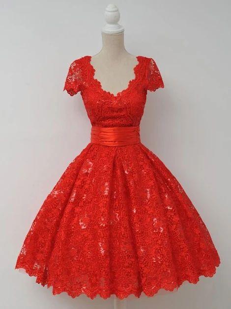 Vintage V-Neck Cap Lace Ali Homecoming Dresses Sleeves Knee-Length Backless Red CD10365