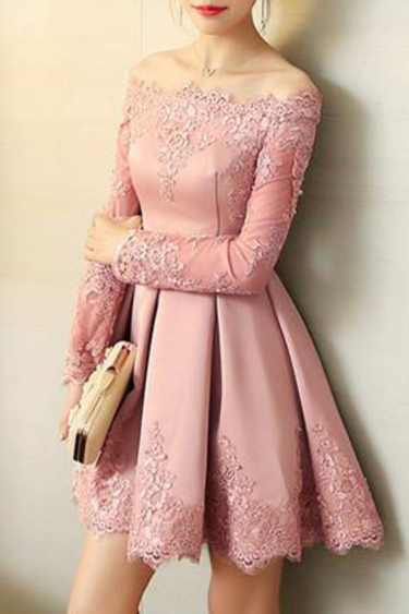 Long Sleeves Kierra Homecoming Dresses Satin A Line With Applique CD10379