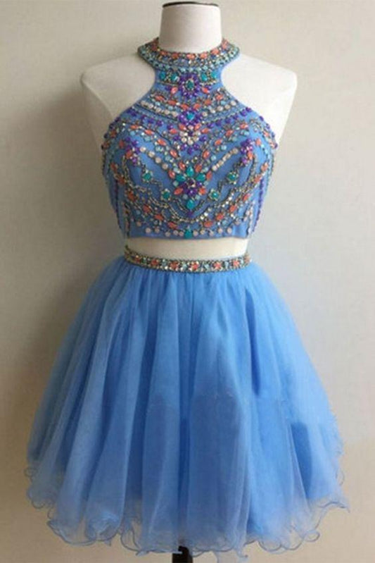 Light Blue Organza Beading Sequins A-Line Short For Two Pieces Mildred Homecoming Dresses Teens Party Dresses DH10497