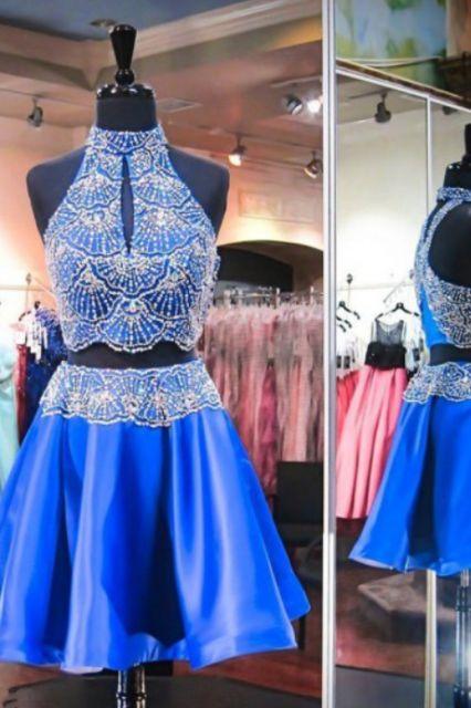 Two Piece High Neck Keyhole Homecoming Dresses Satin Royal Blue Serena Open Back Short Beaded DH10730