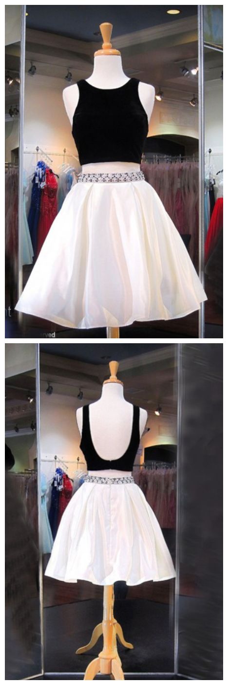 Two Piece Crew Knee-Length Backless Ivory Homecoming Dresses Satin Desiree With Beading CD10732