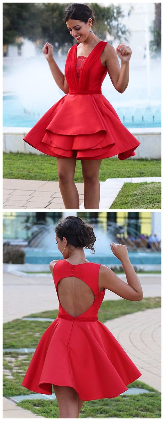 Red Mini Party Dress Short Satin Homecoming Dresses Lace Angela Cocktail Sexy CD10798