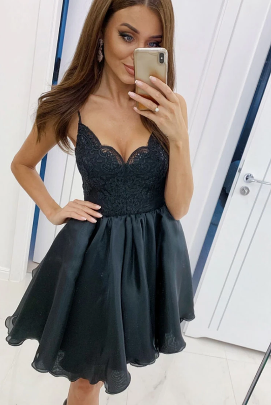 Black V Lace Homecoming Dresses Susie Neck Tulle Short Dress Black Short Dress CD10820