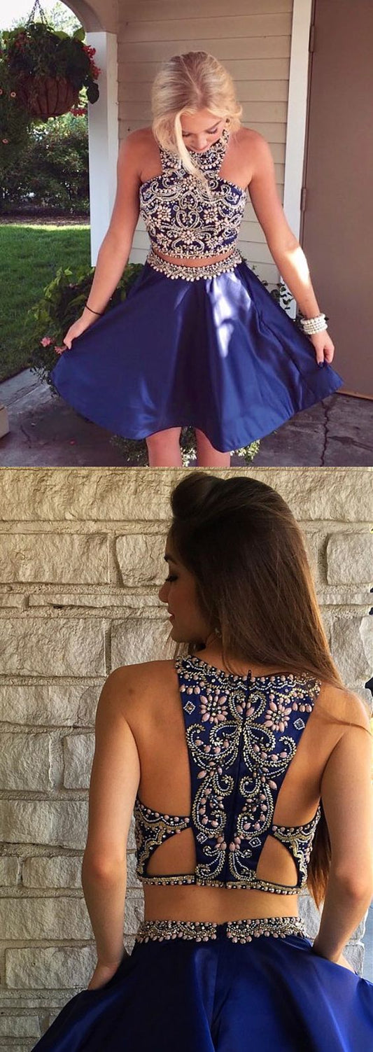 Two Piece Short Navy Blue Dresses Beaded Homecoming Dresses Iris Short Dancing Dresses CD1082