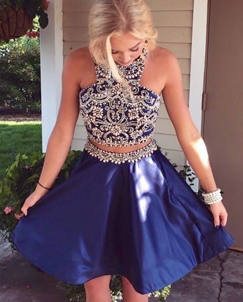 Two Piece Short Navy Blue Dresses Beaded Homecoming Dresses Iris Short Dancing Dresses CD1082