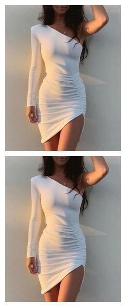 One Shoulder White Long Sleeve Peggie Homecoming Dresses CD10904