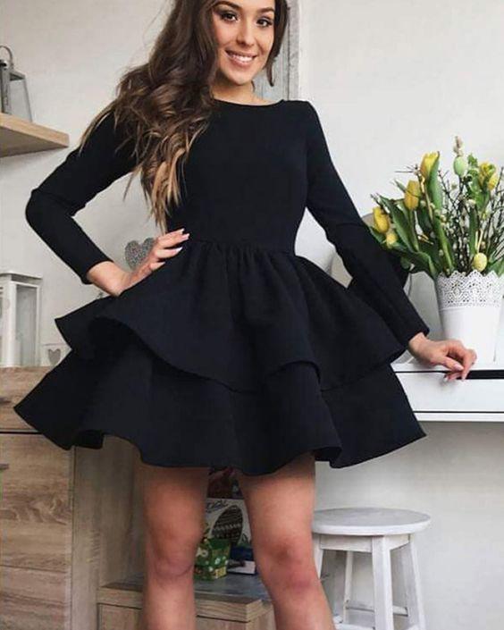 Simple Eliana Satin Homecoming Dresses Black Layered With Long Sleeves CD1091