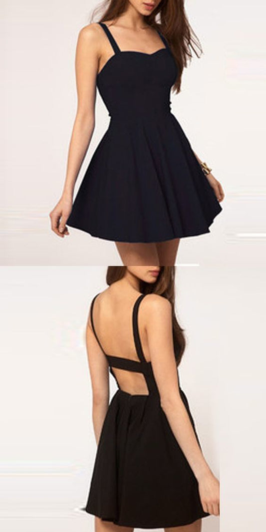 Simple Homecoming Dresses Cocktail Amya A-Line Spaghetti Straps Backless Black Short Sexy Dress DH1102