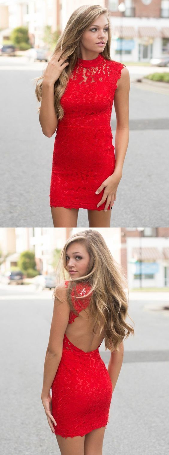 Red Short Tight Short Dresses Open Back Bodycon Short Aubree Homecoming Dresses Lace Party Dresses DH1137