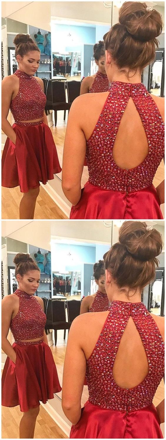 Sexy Homecoming Dresses Chasity Two Piece Short Rhinestone Cute Red CD1139