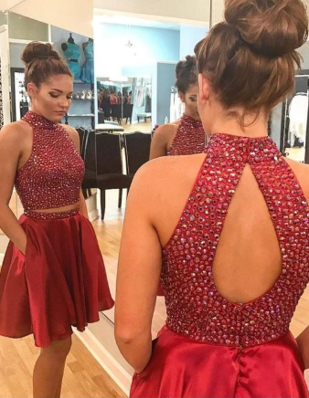 Sexy Homecoming Dresses Chasity Two Piece Short Rhinestone Cute Red CD1139