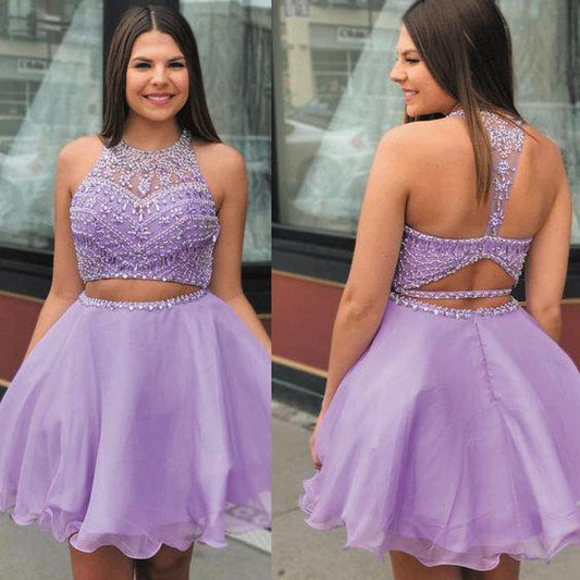 Purple Two Piece Dresses Short 2024 Beaded Halter Sexy Lavender Homecoming Dresses Rihanna Graduation Dress DH11563