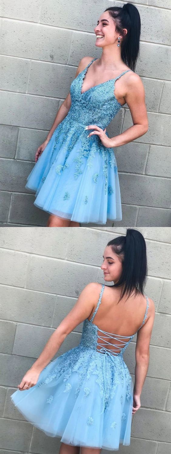 V Neck Short Blue Dresses Short V Yadira Lace Homecoming Dresses Neck Blue Formal DH11585