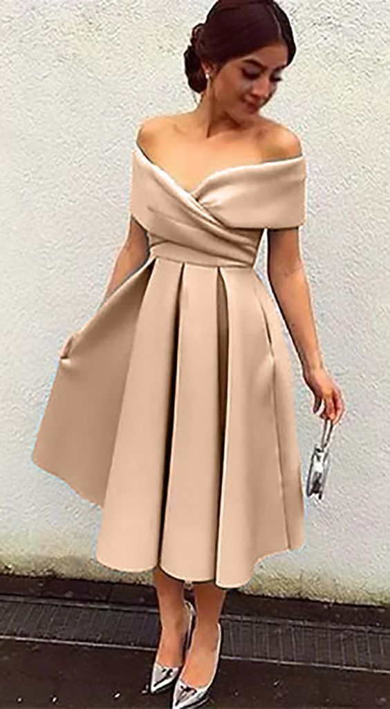 Cocktail Lucinda Satin Homecoming Dresses Off The Shoulder Midi Dress CD11692