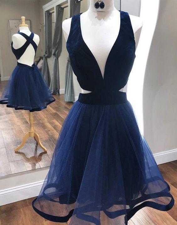 Deep V-Neck Sexy Dresses Nayeli Homecoming Dresses Cocktail A Line With Criss Cross Back Navy Blue DH11695