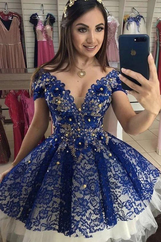 Cute Cap Royal Blue Lace Maia Homecoming Dresses Sleeves Sweet 16 Dress With Beaded CD11972