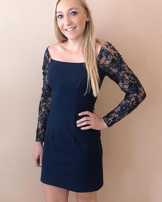 Tight Homecoming Dresses Lace Sage Satin Square Navy Blue With Long Sleeves CD11979