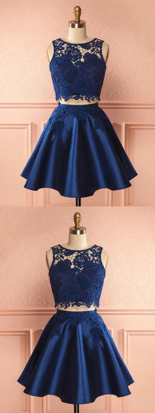 Navy Chic Homecoming Dresses Satin Two Pieces Sharon Dark Navy Party Dress CD120