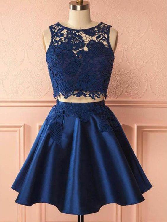 Navy Chic Homecoming Dresses Satin Two Pieces Sharon Dark Navy Party Dress CD120